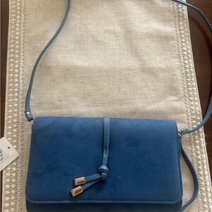 Blue Suede Crossbody Bag with Tassel Accent